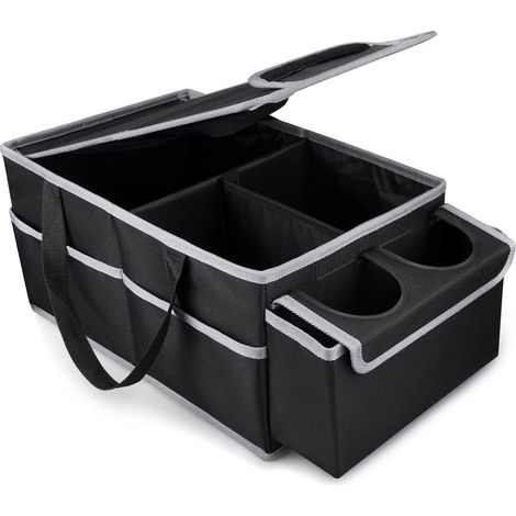 Organisateur de siège auto avant/arrière, pliable, avec porte-gobelets et compartiments pour jouets, snacks et livres (Noir) (1/5)