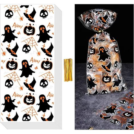 Sachets Cellophane Halloween 50 pièces 13x27cm, Pochettes Bonbons Friandises pour Chasse aux Bonbons - Sacs de Fête Halloween Transparents, Emballages Cadeaux pour Confiseries, Biscuits, Pâtisseries a (1/3)