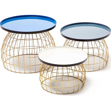 Table dappoint métal ronde bleu gris blanc - or avec plateaux bleu gris blanc (1/3)