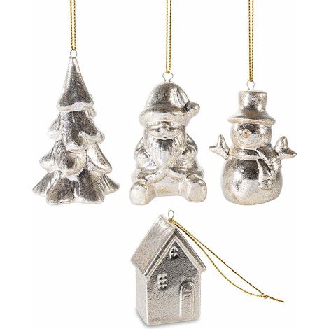 Decorazioni natalizie in porcellana dorata con cordino da appendere, set da 4 pezzi, Albero: cm 5 x 4,5 x 7,5 H