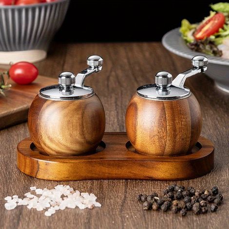 Lot de 2 moulins à poivre manuels en bois Premium — Moulins à manivelle pour sel de mer et poivre noir, avec base en bois