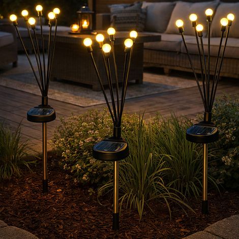 LED Solarlampe Außenleuchte Solarleuchte Gartendeko Erdspieß 6 flammig Terrassenlampe beweglich, schwarz, warmweiß, DxH 1,6 x 70 cm, 3er Set