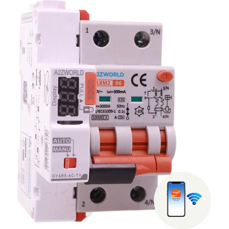 RCBO Interruttore Magnetotermico Differenziale WIFI Con Riarmo Automatico, Tipo A - SI Curva B 2P Veri 3M 6000A 300mA, AC 230V IP20 PL8M2, Disponibili 6A 10A 16A 20A 25A 32A 40A (B6A) (1/3)