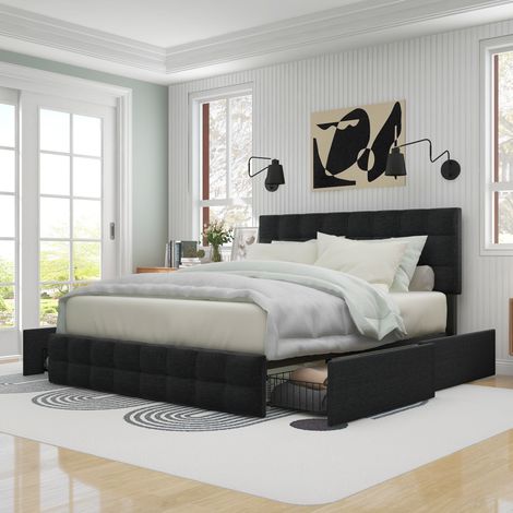 Cama tapizada de lino negra 140x200 cm con 4 cajones, somier de láminas de acero y cabecero ajustable (1/5)
