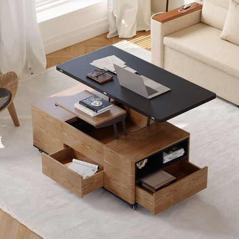 Table basse relevable convertible mobile 120 cm finition noire et noyer avec tiroirs et rangement intégré