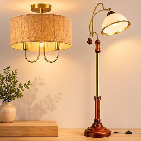 Conjunto de iluminación Art Nouveau (2 piezas): lámpara de pie esculpida y lámpara de techo de bronce con dos bombillas y cable de papel (1/5)