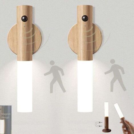 Lot de 2 LED lumière d'escalier capteur de mouvement à piles intérieur bois veilleuse USB rechargeable portable sans fil magnétique placard lumière murale
