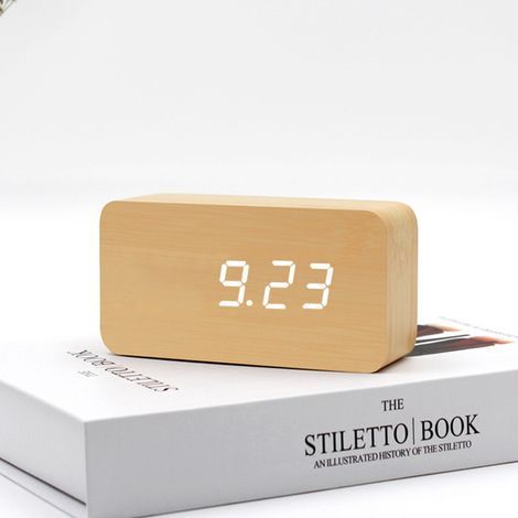 Digitaler Wecker aus Holz mit einstellbarer Helligkeit, Sprachsteuerung, rechteckiger LED-Uhr mit Zeit- und Temperaturanzeige, Wohnaccessoire – Sunny (1/5)