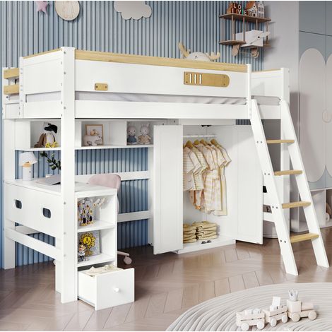 DESVIAE Lit superposé enfant avec barrières de sécurité bureau armoire et étagères ouvertes 90 x 200 cm blanc et naturel en bois et MDF (1/5)