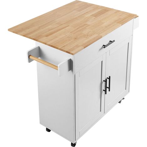 Mophorn Carro de Cocina con Tapa de Madera Maciza, 90 cm Carro Móvil con Armario de Almacenamiento sobre Ruedas, Mesa de Cocina Rodante con Estante de Especias, Toallero, Hoja Abatible y Cajón, Blanco (1/5)