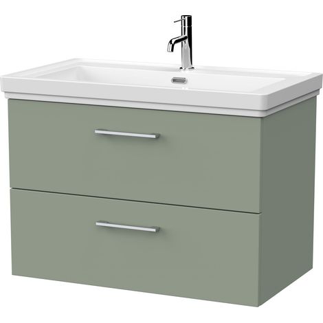 Pershall Contemporary Wall Hung 2 Drawer Vanity Unit with Traditional 1 Tap Hole Fireclay Basin, 800mm, Reed Green