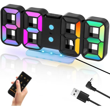 Orologio da parete digitale, sveglia LED 3D con telecomando, funzione snooze, luce notturna, 14 colori RGB, visualizzazione dell'ora 12/24 ore, luminosità regolabile, ideale per gaming, camera da lett (1/5)