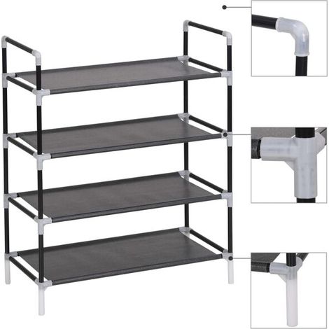 Étagère à chaussures à quatre niveaux, en métal et tissu non tissé, noire. (1/5)