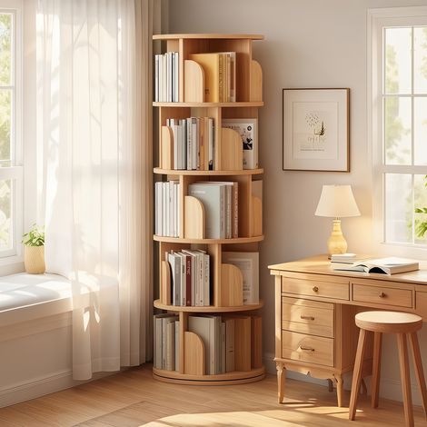 Bibliothèque  5 niveaux - Étagère rotative 360° – basculement –  tiroir –  roulettes –  46×46×173 cm