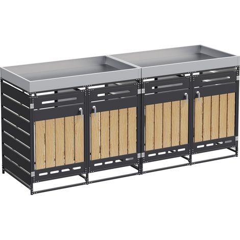 Mülltonnenbox 4er mit Pflanzkasten, schwarzes Eisen, Holzoptik, belüftet (1/5)