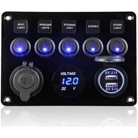 5 Gang Panneau de Interrupteur à Bascule 12V/24V Étanche IP65 Panneau de Commutateur avec Chargeur Double USB Voltmètre Numérique pour Voiture Bateau Camion RV Marine Camping-car (1/4)