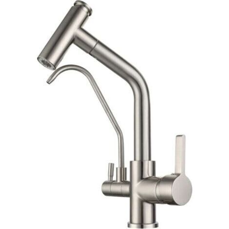 Robinet 3 Voies Cuisine Douchette Mitigeur Évier Avec 2 Becs Mitigeur Cuisine Pivotant 360 °,laiton Pour Évier De Cuisine à Eau Potable Compatible En Forme (Nickel Brossé) (1/4)