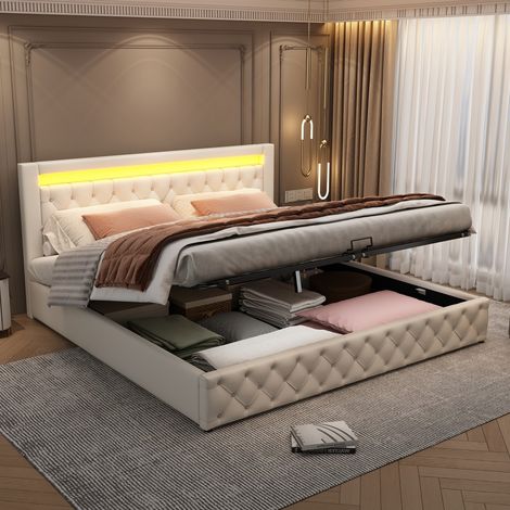 Lit double 180x200 rembourré blanc, PU ,fonctionnel avec rangement intégré, éclairage LED et sommier inclus (sans Matelas) (1/5)