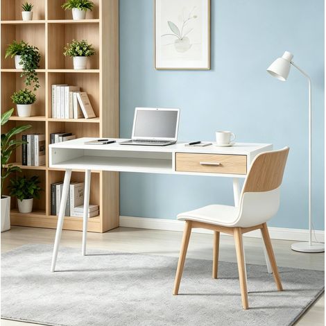Scrivania con cassetto, 110 x 50 x 75 cm, bianca, in legno e metallo HAVRYA (1/5)