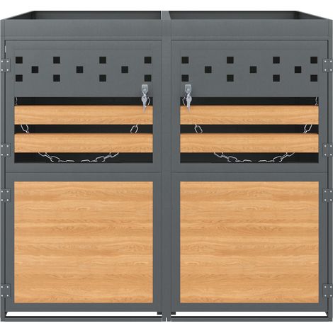 Coffre pour deux bacs à ordures 120-240 L avec toit végétalisé, anthracite et porte effet bois (1/5)