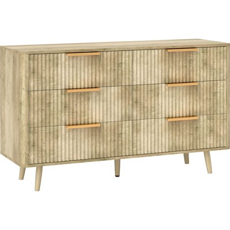 Commode scandinave 6 tiroirs en pin massif, poignées et pieds bois, meuble rangement chambre, salon, entrée, 120x40x76 cm, teinte chêne (1/5)