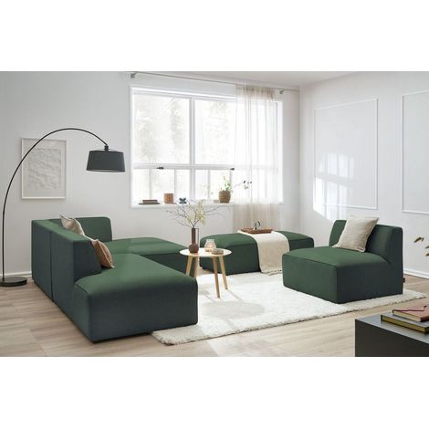 BOBOCHIC - Canapé d'angle fixe modulable MEGEVE tissu chiné avec 1 chauffeuse et 1 pouf Angle droit  Vert (1/5)