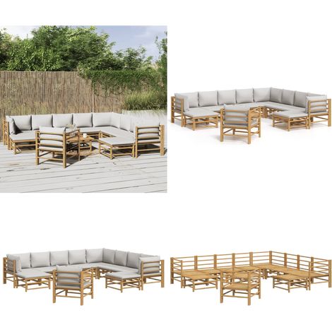 12-tlg. Garten-Lounge-Set mit Hellgrauen Kissen Bambus - Bambusmöbel - Gartenmöbel (1/5)