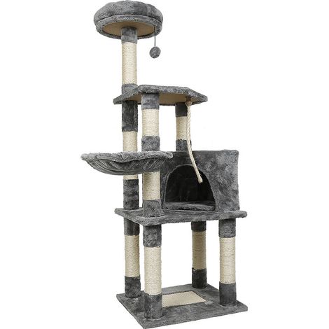 Arbre À Chat - 135 Cm - Gris Clair - Griffoir Sisal Naturel - Niche Et Panier Suspendu - 1 Pièce (1/4)