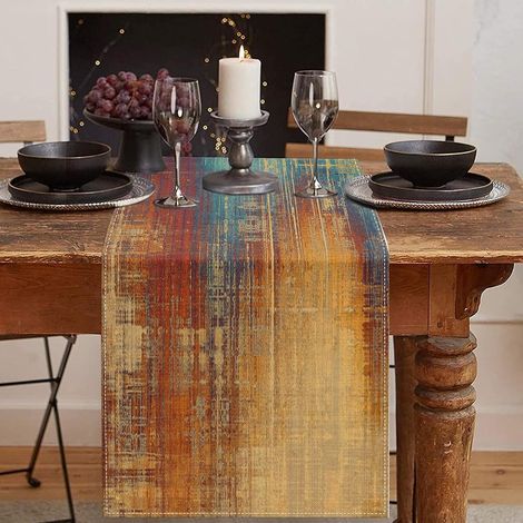 Nappe à motif champêtre abstrait rétro, 33 x 183 cm (13 x 72 pouces) - design bleu et orange, idéale pour les tables basses de cuisine, les fêtes, les mariages et autres événements. Nappe décorative p (1/5)