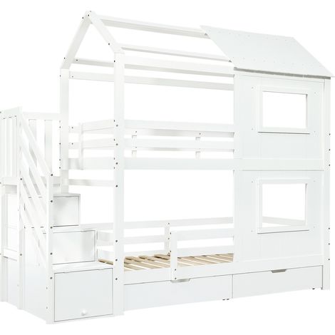 Letto a castello per bambini 90 x 200 cm bianco con scala contenitore e cassetto (1/5)
