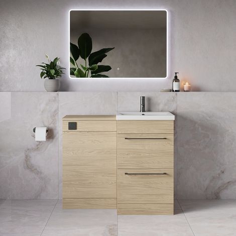 Napoli 390 Light Oak 1000mm 2 Drawer Vanity Unit Toilet Suite with Glide Basin - 1000mm - Gunmetal Grey 320mm HandleWithout Kingston Toilet Pan