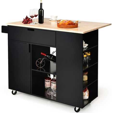 Costway – Îlot central cuisine pliable en bois de caoutchouc – Desserte à roulettes avec porte-serviettes et étagères – Dimensions 124x76x92cm – Noir