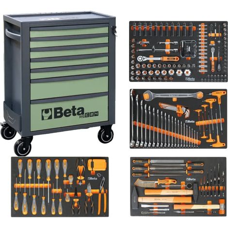 Beta – Servante d'atelier roulante 7 tiroirs – Capacité 800 kg – Dessus anti-chute avec rangement – 267 outils inclus