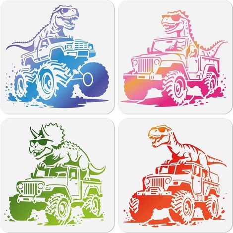 Lot de 4 pochoirs réutilisables en forme de camion dinosaure pour peinture - 25 x 25 cm - Pour bois, mur, tissu, verre, toile, papier (1/5)