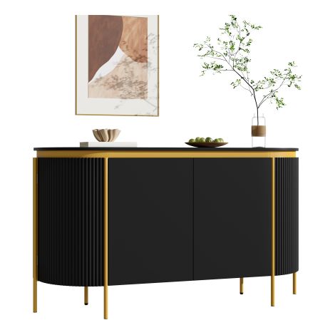 Buffet / Sideboard Noir 140 x 38 x 80 cm en MDF avec Pieds en Fer et 4 Portes, Design Ovale à Coins Arrondis avec Portes Cannelées, Étagère et Passe-Câble, pour Salon (1/5)