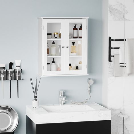 Salle bain meuble Blanc mural 2 portes vitrées suspendu polyvalent cuisine/salon étagères intérieures réglable 55x20x65 cm (1/4)