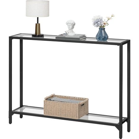 Konsolentisch mit Ablagen, 100 cm Beistelltisch, Hartglas, Eingangstisch, moderner Sofatisch, Ausstellungstisch, Metallgestell, für Wohnzimmer, Flur, HOOBRO EBK04XG01