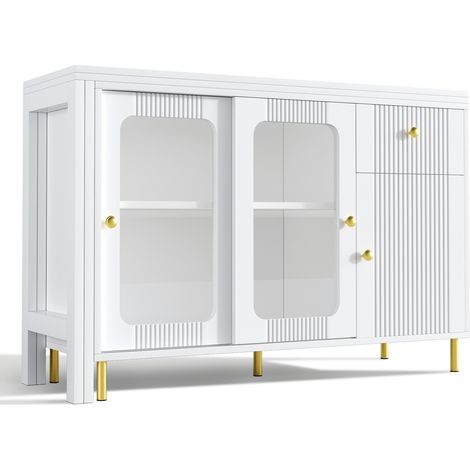 Buffet moderne blanc avec plateau rabattable et extensible, pieds en métal doré, portes vitrées coulissantes et motif ondulé (1/5)