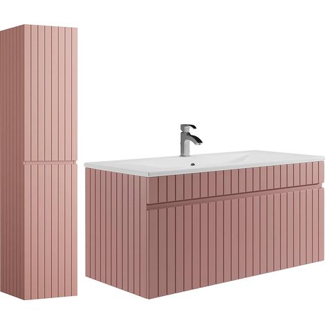 Meuble de salle de bain suspendu strié rose avec vasque à encastrer et colonne - 100 cm - SATARA (1/4)