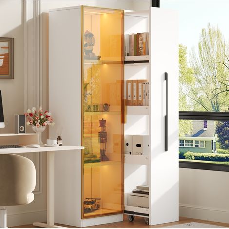 Vitrina 70x40x160 cm de MDF blanco con LED y almacenaje FloraGrace (1/5)