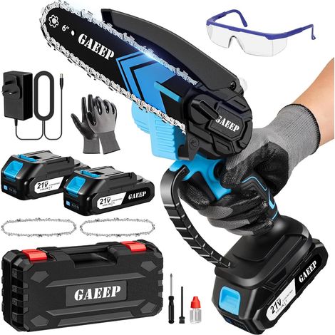 Akku-Mini-Kettensäge (6 Zoll) mit 2x 3000-mAh-Akkus und Ladegerät – kleine Hand-Motorsäge für Holzschnitt, Baumschnitt und Astschneiden (1/5)