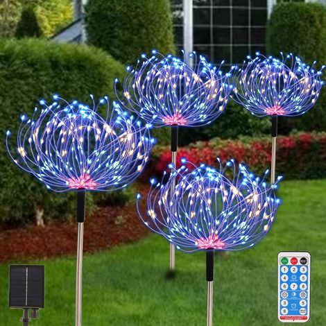 Lot de 4 guirlandes lumineuses solaires de jardin, 120 LED, 30 fils de cuivre, feux d'artifice, paysage, allée, guirlande lumineuse étanche, 8 modes d'éclairage, télécommande pour jardin, fête-Lumière (1/5)