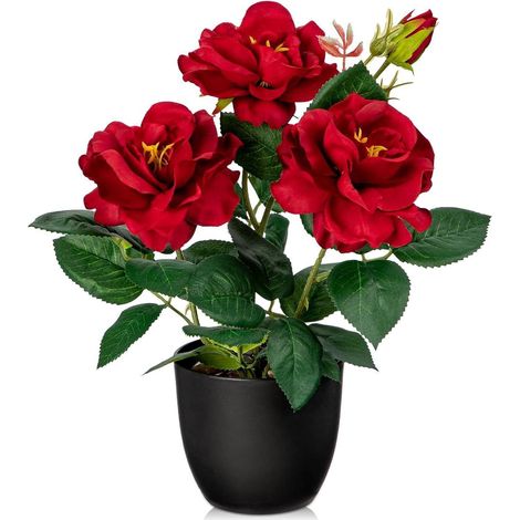 Künstliche Blumen Kunstrosen Deko Rote Rosenbusch 28cm Topf Frühlingsblumen Büro (1/5)