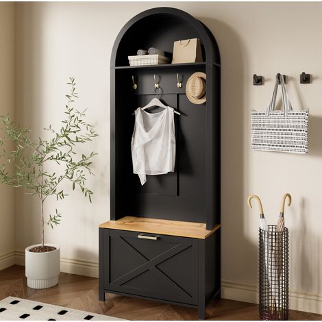 Mobile da ingresso con scarpiera, mensola e ganci 75 x 35 x 195 cm MDF nero HAVRYA (1/5)