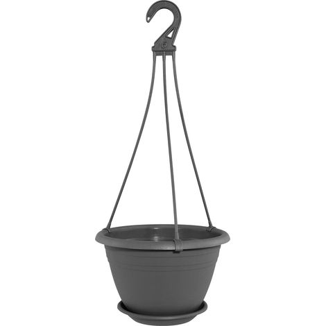 1 Pot suspendu, Plastique, Anthracite, 20 cm, Soucoupe, Crochet, Intérieur Extérieur