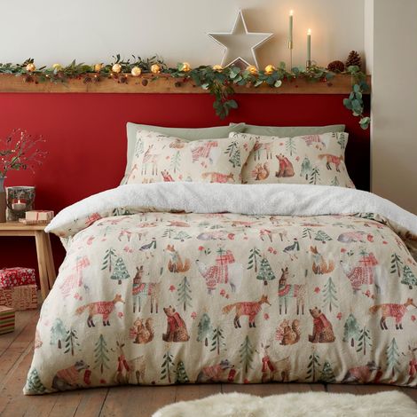 Housse de Couette Polaire Woodland Animals Teddy - 230 x 220 cm - Design réversible - 2 taies d'oreiller - Literie en Naturel - Housse de Couette Naturelle - Literie (1/4)