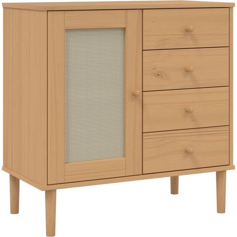 Credenza buffet cassettiera mobile contenitore organizer cucina soggiorno soggiorno effetto rattan 80 x 40 x 80 cm legno di pino massiccio marrone 020036232
