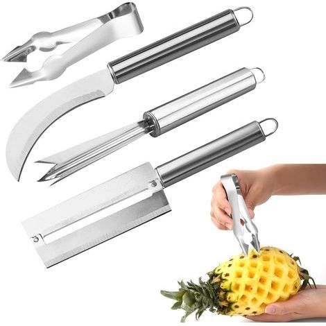 Coupe Ananas,Découpe Ananas,éplucheur Contient Coupe-Ananas,Couteau à Canne à Sucre,épépineur et une Fourchette à Ananas,Eplucheur en Acier Inoxydable pour Ananas,Canne,Banane etc(4 Pièces) (1/5)