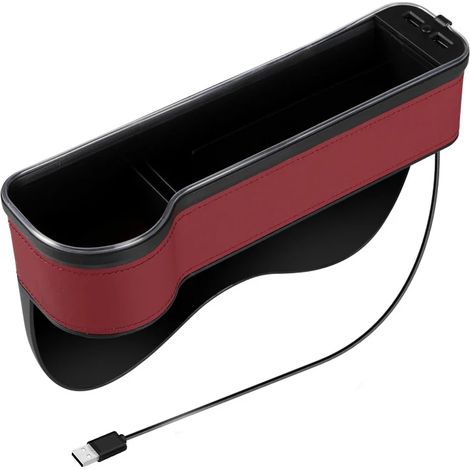 (Rouge gauche 1 pièce) Organisateur de voiture avec LED colorée, combleur d'espace pour siège auto, double port USB de charge, boîte de rangement en PU avec porte-gobelet.