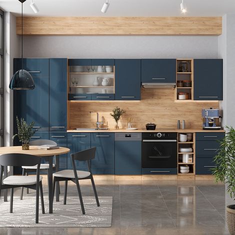 Cuisine Fame-Line, bleu foncé brillant/chêne doré, 355 cm , PT Chêne, Vicco